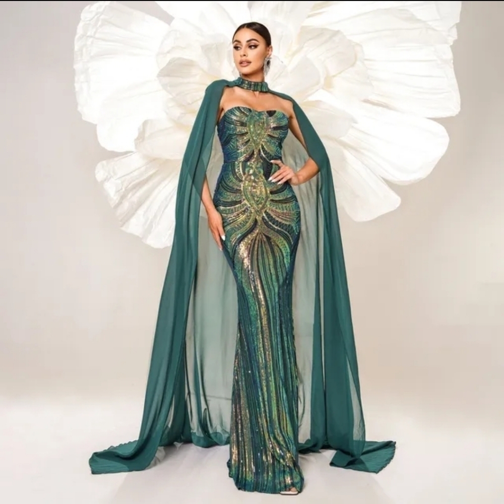 Cape Tube Top, Two Piece, Strapless with an added Cape,  Contrast Sequin…